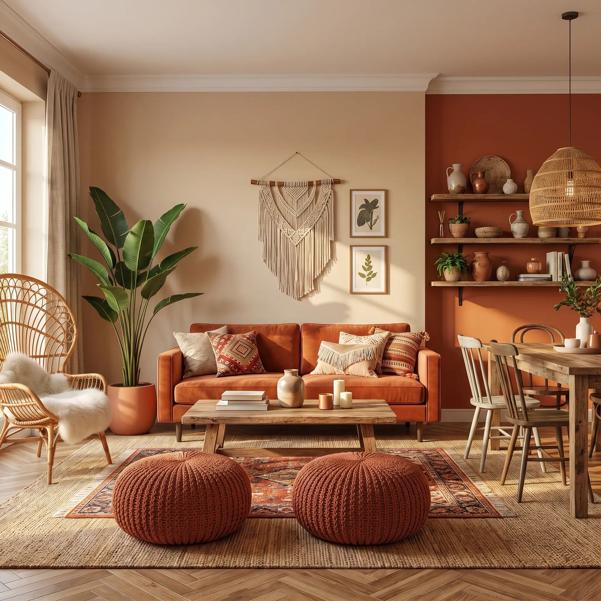 Sala de estilo bohemio con macramé, fibras naturales y textiles cálidos