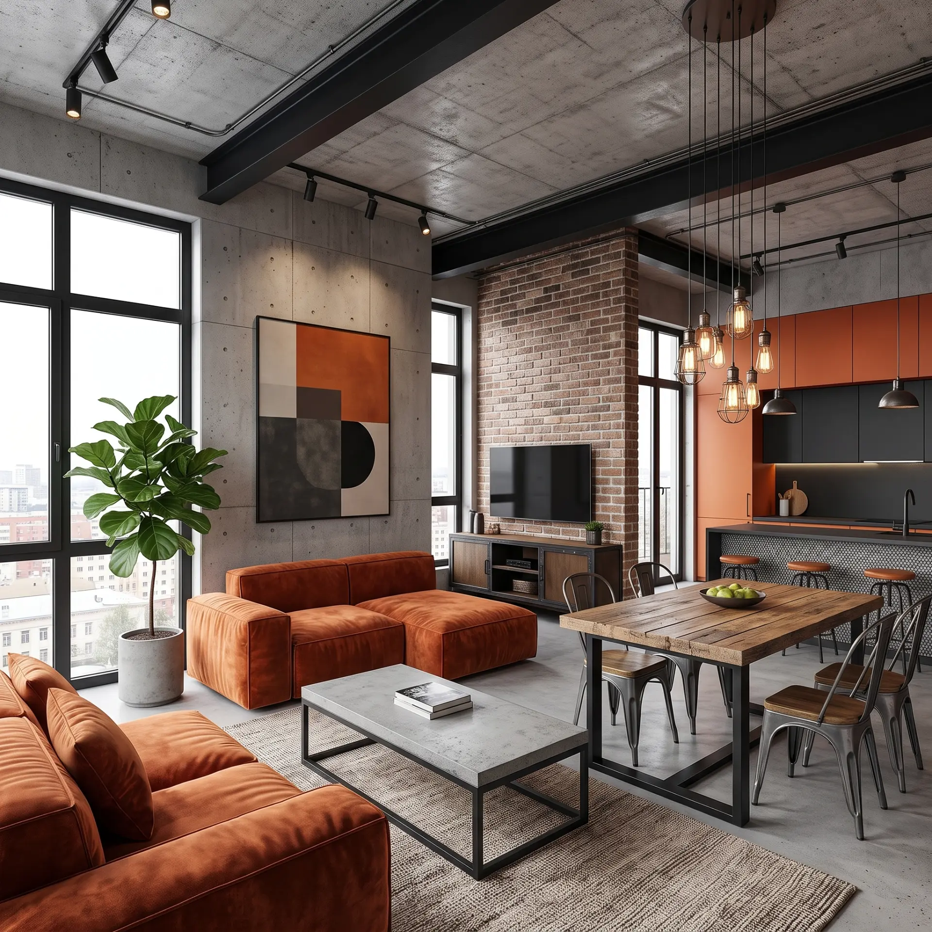 Loft de estilo industrial con ladrillo a la vista, concreto y sofás terracota