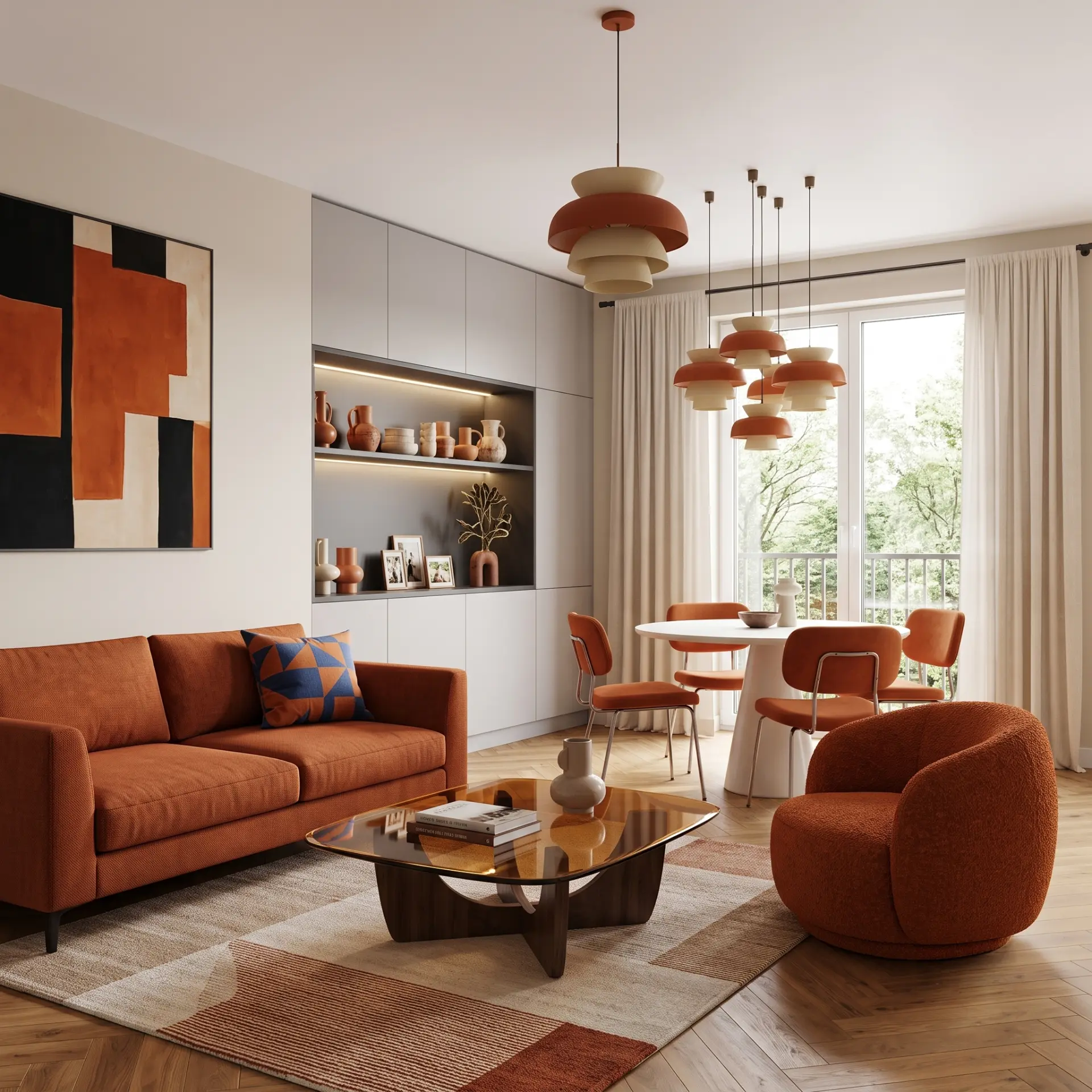 Sala de estar de estilo moderno con sofá naranja y mobiliario minimalista